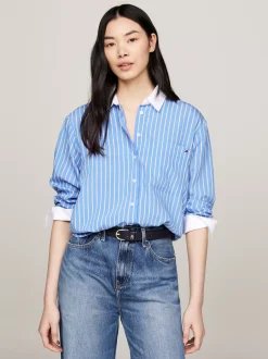 Koszule & Bluzki*Tommy Hilfiger Luźna Koszula W Paski Z Naszywaną Kieszenią STRIPE/ VESSEL BLUE