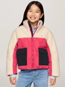 Kurtki I Płaszcze*Tommy Hilfiger Luźna Kurtka Puchowa O Mieszanej Teksturze DEEP ROUGE / WHITE COLORBLOCK