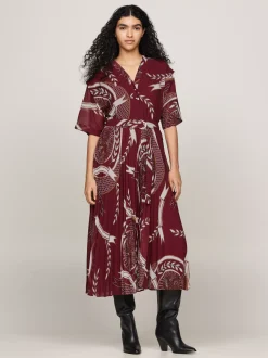 Sukienki*Tommy Hilfiger Luźna Plisowana Sukienka Midi Z Emblematem ROUGE