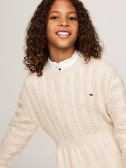 Sukienki*Tommy Hilfiger Luźna Sukienka Swetrowa O Splocie Warkoczowym HEATHERED OAT