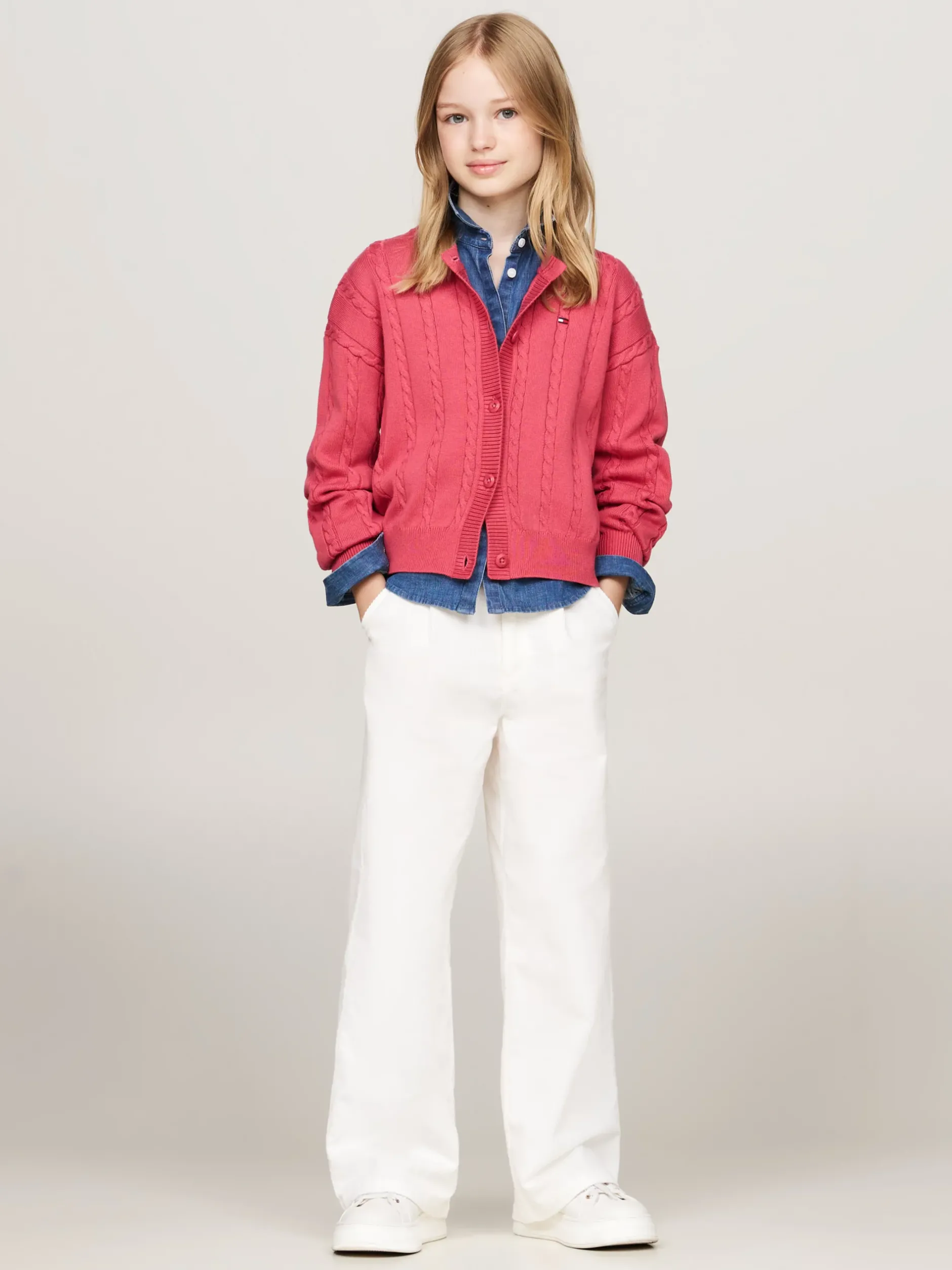 Dzianina*Tommy Hilfiger Luźny Kardigan Ze Splotem Warkoczowym HERITAGE PINK