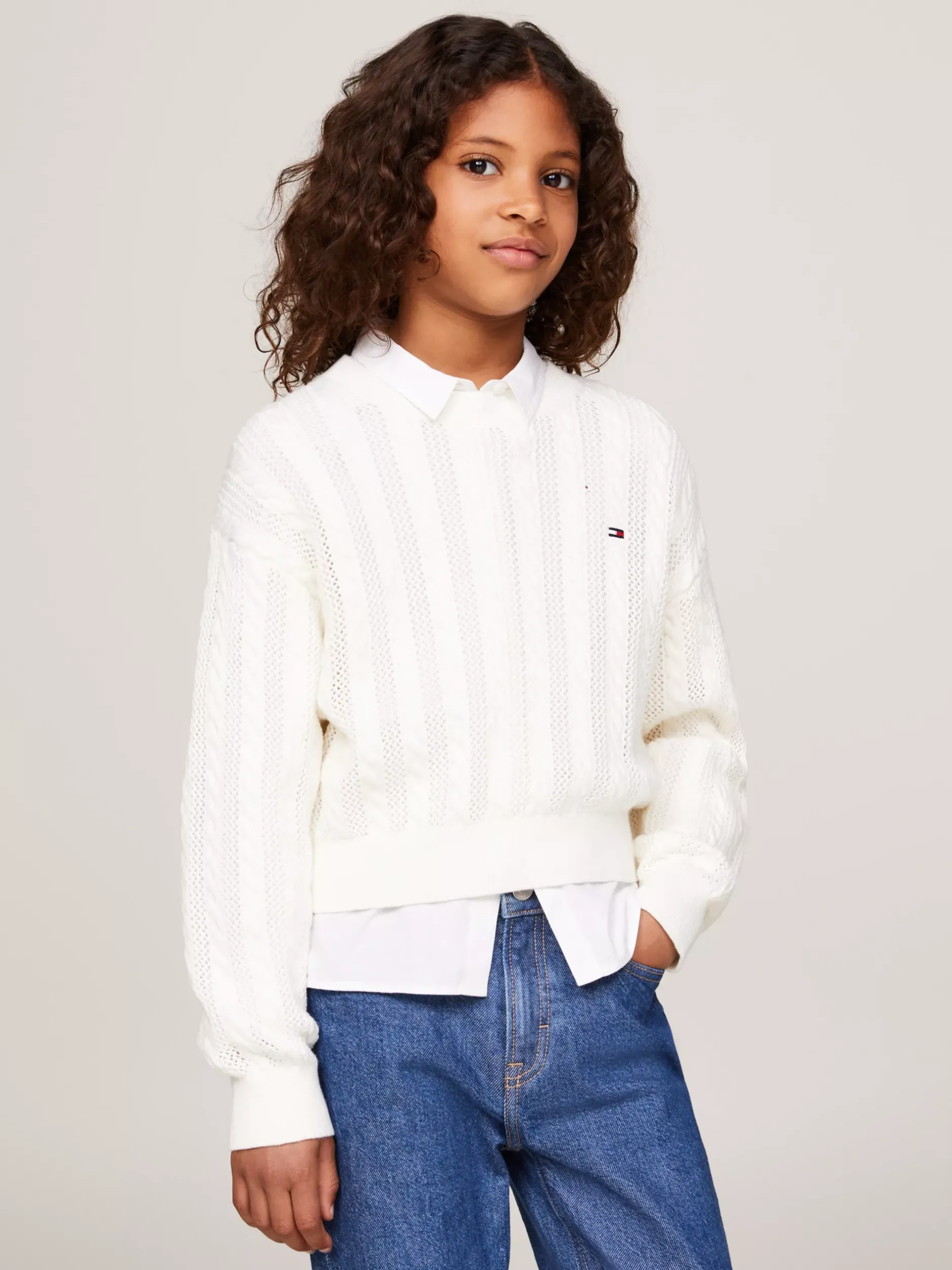 Dzianina*Tommy Hilfiger Luźny Sweter Essential Z Warkoczowym Splotem ANCIENT WHITE