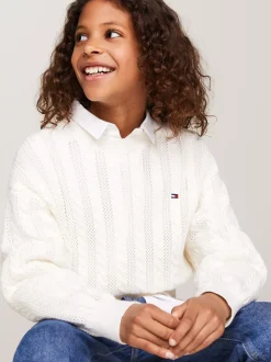 Dzianina*Tommy Hilfiger Luźny Sweter Essential Z Warkoczowym Splotem ANCIENT WHITE