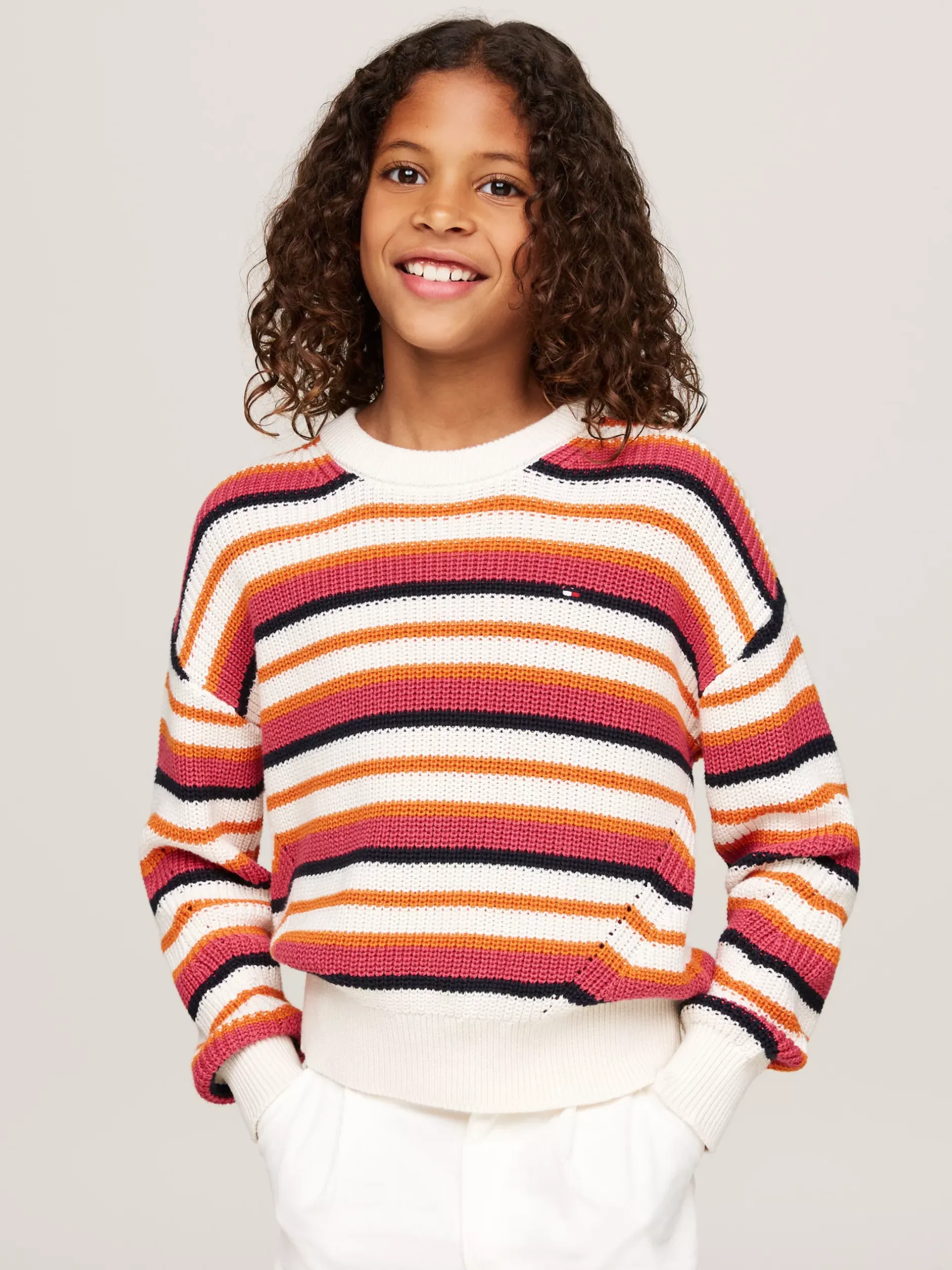 Dzianina*Tommy Hilfiger Luźny Sweter W Paski Z Okrągłym Dekoltem ANCIENT WHITE STRIPE MULTICOLOR