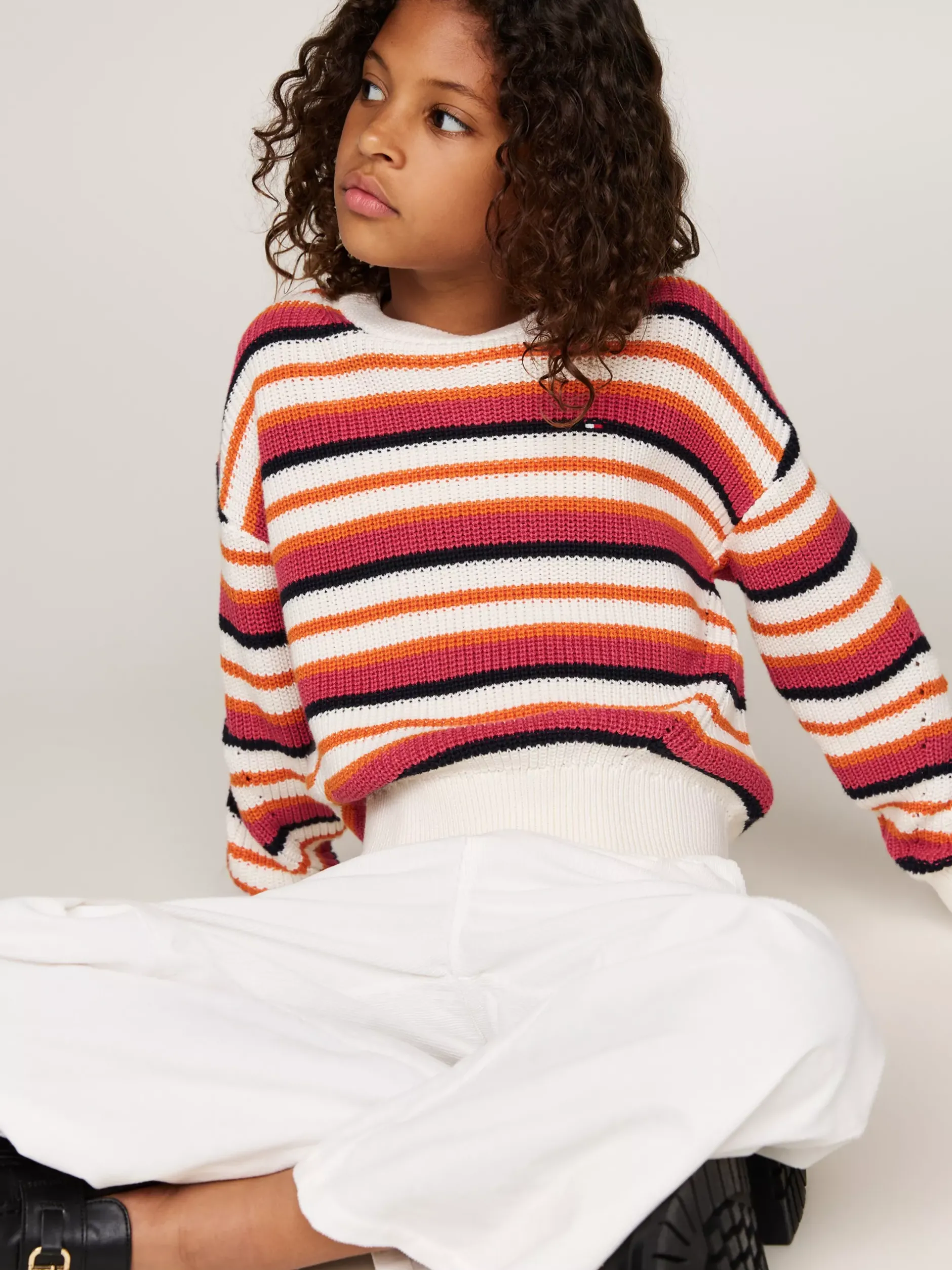Dzianina*Tommy Hilfiger Luźny Sweter W Paski Z Okrągłym Dekoltem ANCIENT WHITE STRIPE MULTICOLOR