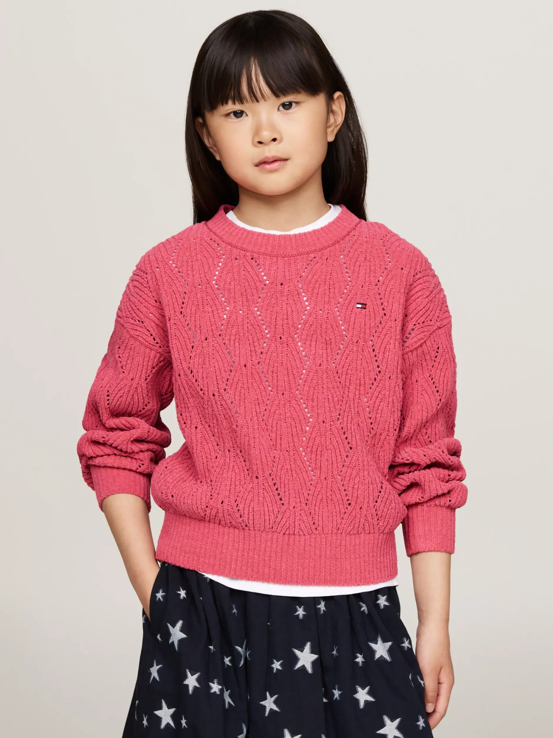 Dzianina*Tommy Hilfiger Luźny Sweter Z Ażurowej Dzianiny HERITAGE PINK