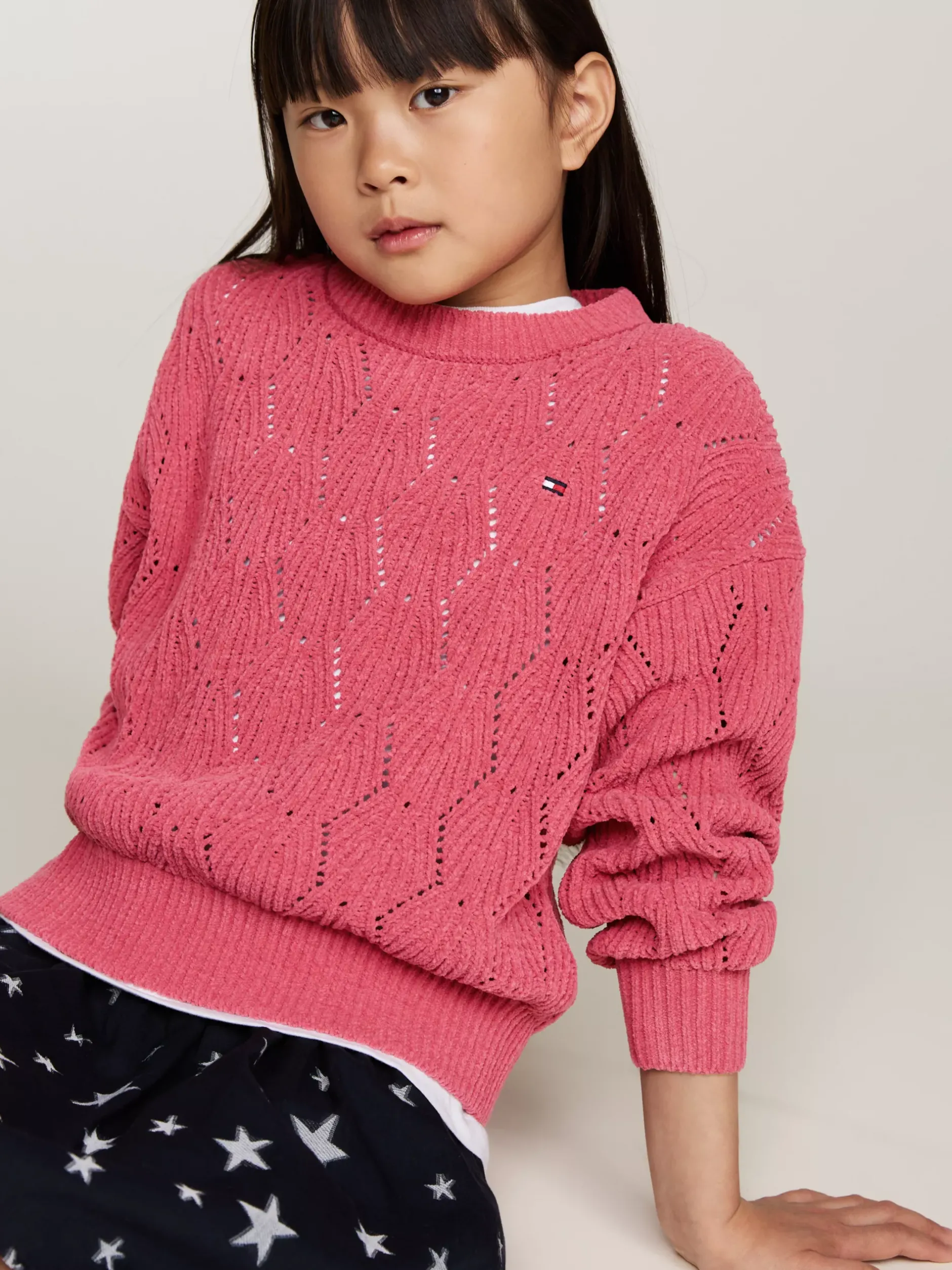 Dzianina*Tommy Hilfiger Luźny Sweter Z Ażurowej Dzianiny HERITAGE PINK