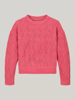 Dzianina*Tommy Hilfiger Luźny Sweter Z Ażurowej Dzianiny HERITAGE PINK