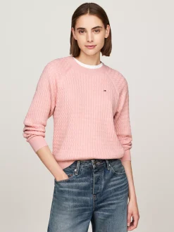 Swetry Z Okrągłym Dekoltem|Swetry*Tommy Hilfiger Luźny Sweter Z Drobnym Splotem Warkoczowym DELICATE PINK HEATHER