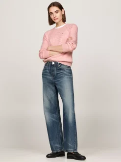 Swetry Z Okrągłym Dekoltem|Swetry*Tommy Hilfiger Luźny Sweter Z Drobnym Splotem Warkoczowym DELICATE PINK HEATHER