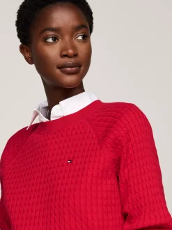 Swetry Z Okrągłym Dekoltem|Swetry*Tommy Hilfiger Luźny Sweter Z Drobnym Splotem Warkoczowym PRIMARY RED