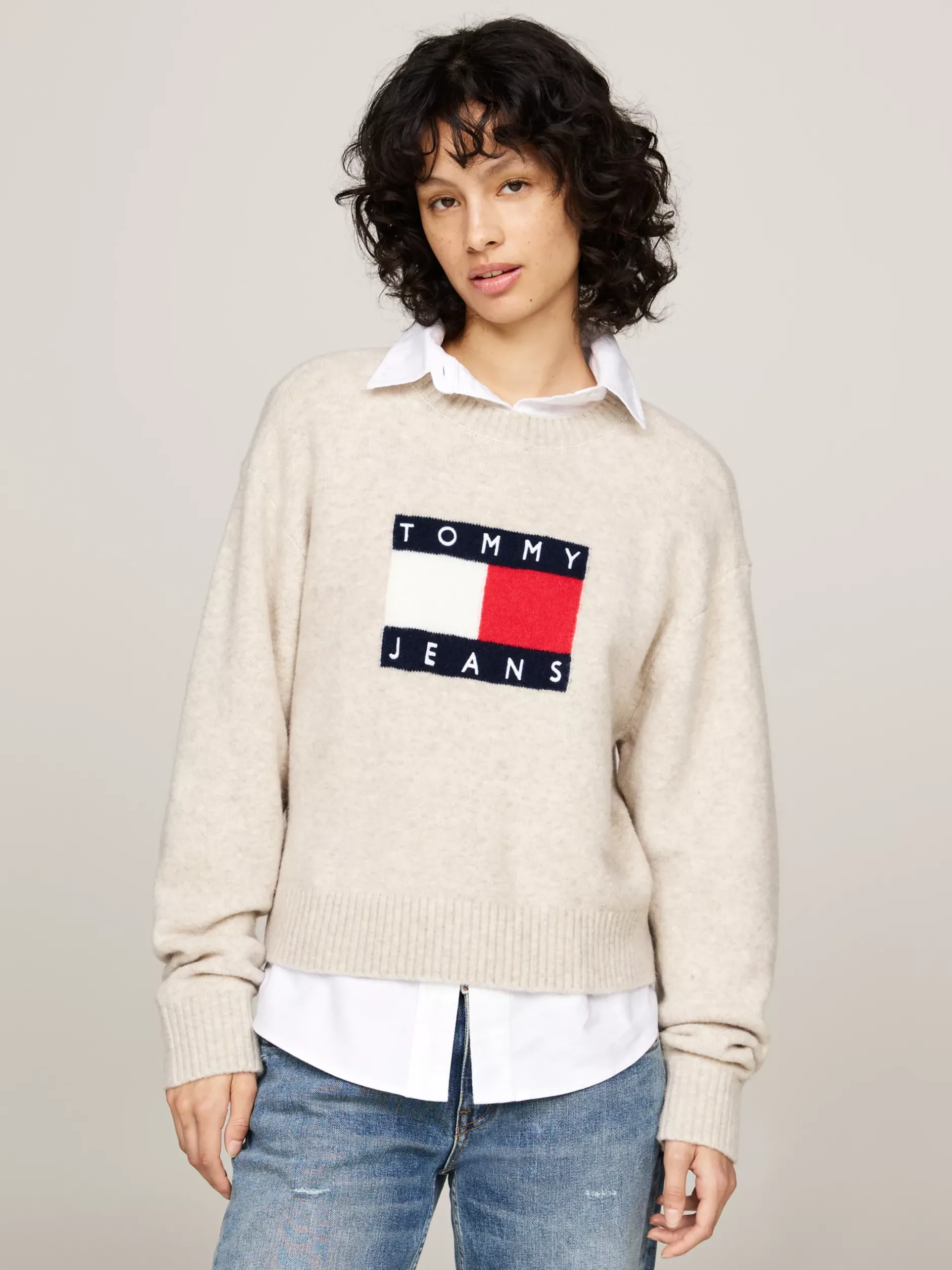 Swetry Z Okrągłym Dekoltem|Swetry*Tommy Hilfiger Luźny Sweter Z Mieszanki Melanżowej Wełny ANCIENT WHITE MELANGE