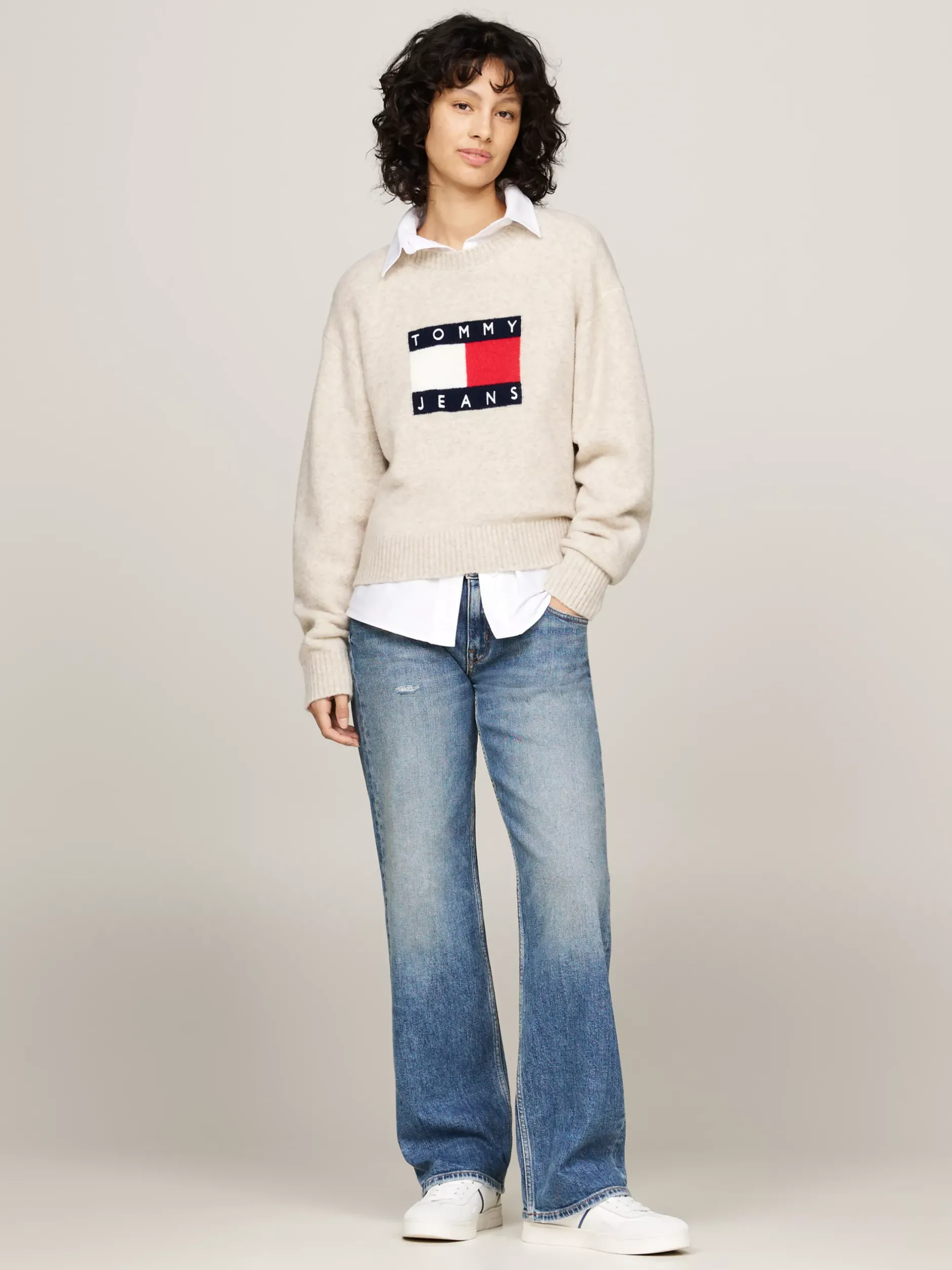 Swetry Z Okrągłym Dekoltem|Swetry*Tommy Hilfiger Luźny Sweter Z Mieszanki Melanżowej Wełny ANCIENT WHITE MELANGE