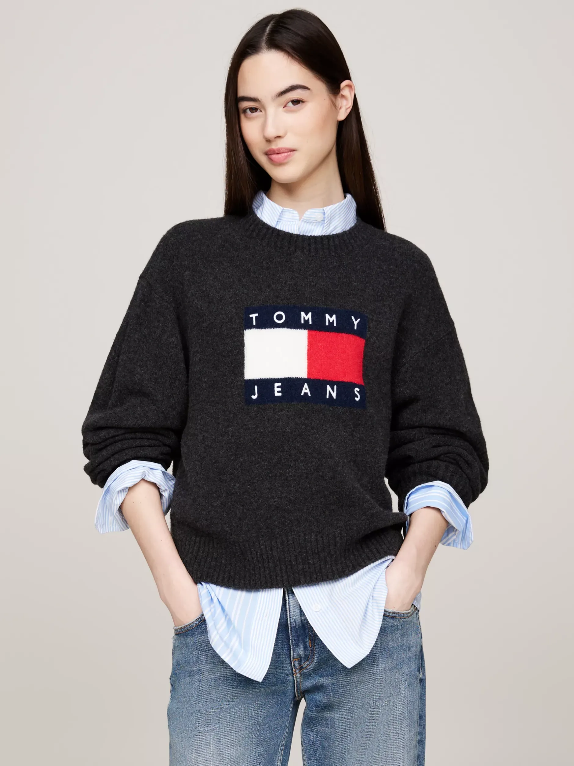 Swetry Z Okrągłym Dekoltem|Swetry*Tommy Hilfiger Luźny Sweter Z Mieszanki Melanżowej Wełny BLACK MELANGE
