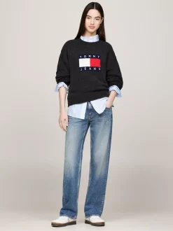 Swetry Z Okrągłym Dekoltem|Swetry*Tommy Hilfiger Luźny Sweter Z Mieszanki Melanżowej Wełny BLACK MELANGE
