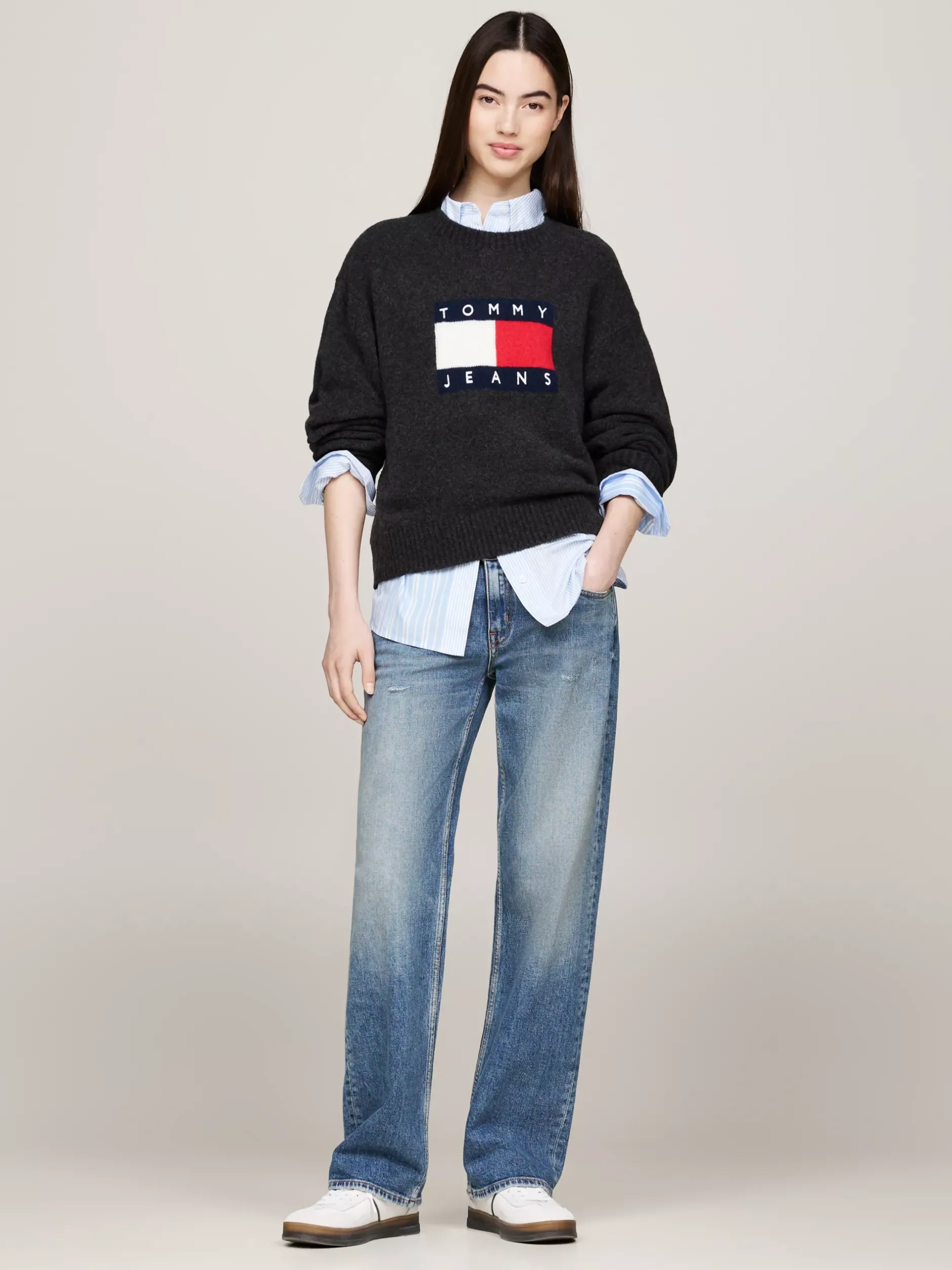 Swetry Z Okrągłym Dekoltem|Swetry*Tommy Hilfiger Luźny Sweter Z Mieszanki Melanżowej Wełny BLACK MELANGE