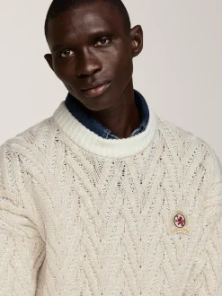 Swetry Z Okrągłym Dekoltem|Swetry*Tommy Hilfiger Luźny Sweter Z Wełny W Jodełkę TAUPE MIX