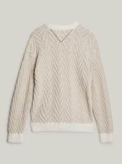 Swetry Z Okrągłym Dekoltem|Swetry*Tommy Hilfiger Luźny Sweter Z Wełny W Jodełkę TAUPE MIX