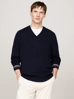 Swetry|Dzianina*Tommy Hilfiger Luźny, Wełniany Sweter Z Dekoltem W Szpic DESERT SKY