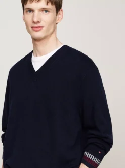 Swetry|Dzianina*Tommy Hilfiger Luźny, Wełniany Sweter Z Dekoltem W Szpic DESERT SKY