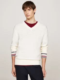 Swetry|Dzianina*Tommy Hilfiger Luźny, Wełniany Sweter Z Dekoltem W Szpic IVORY