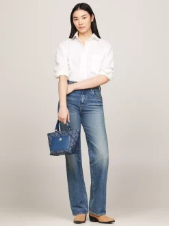 Torebki Tote*Tommy Hilfiger Mała Torba Typu Tote Z żakardowego Płótna FOSSIL BLUE MONO