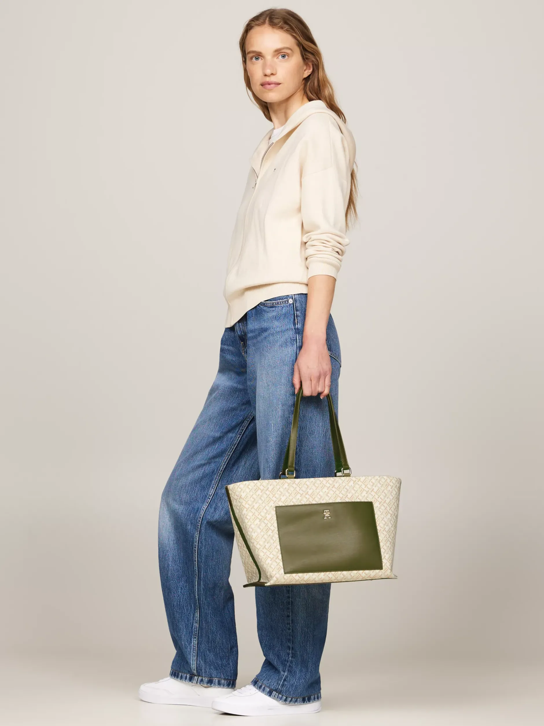 Torebki Tote*Tommy Hilfiger Płócienna Torba Typu Tote W żakardowy Wzór UTILITY OLIVE/NEUTRAL MONO