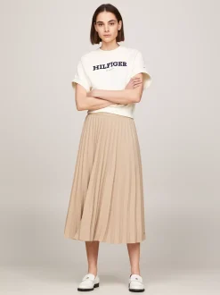 Spódnice*Tommy Hilfiger Plisowana Spódnica Midi Z Logo Na Pasku BEIGE