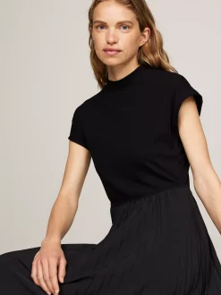 Sukienki*Tommy Hilfiger Plisowana Sukienka Midi Z Półgolfem BLACK