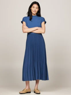 Sukienki*Tommy Hilfiger Plisowana Sukienka Midi Z Półgolfem FOSSIL BLUE