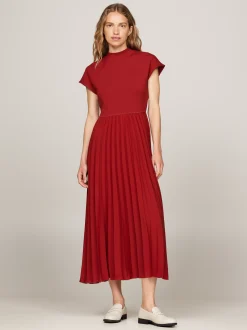 Sukienki*Tommy Hilfiger Plisowana Sukienka Midi Z Półgolfem DARK MAGMA