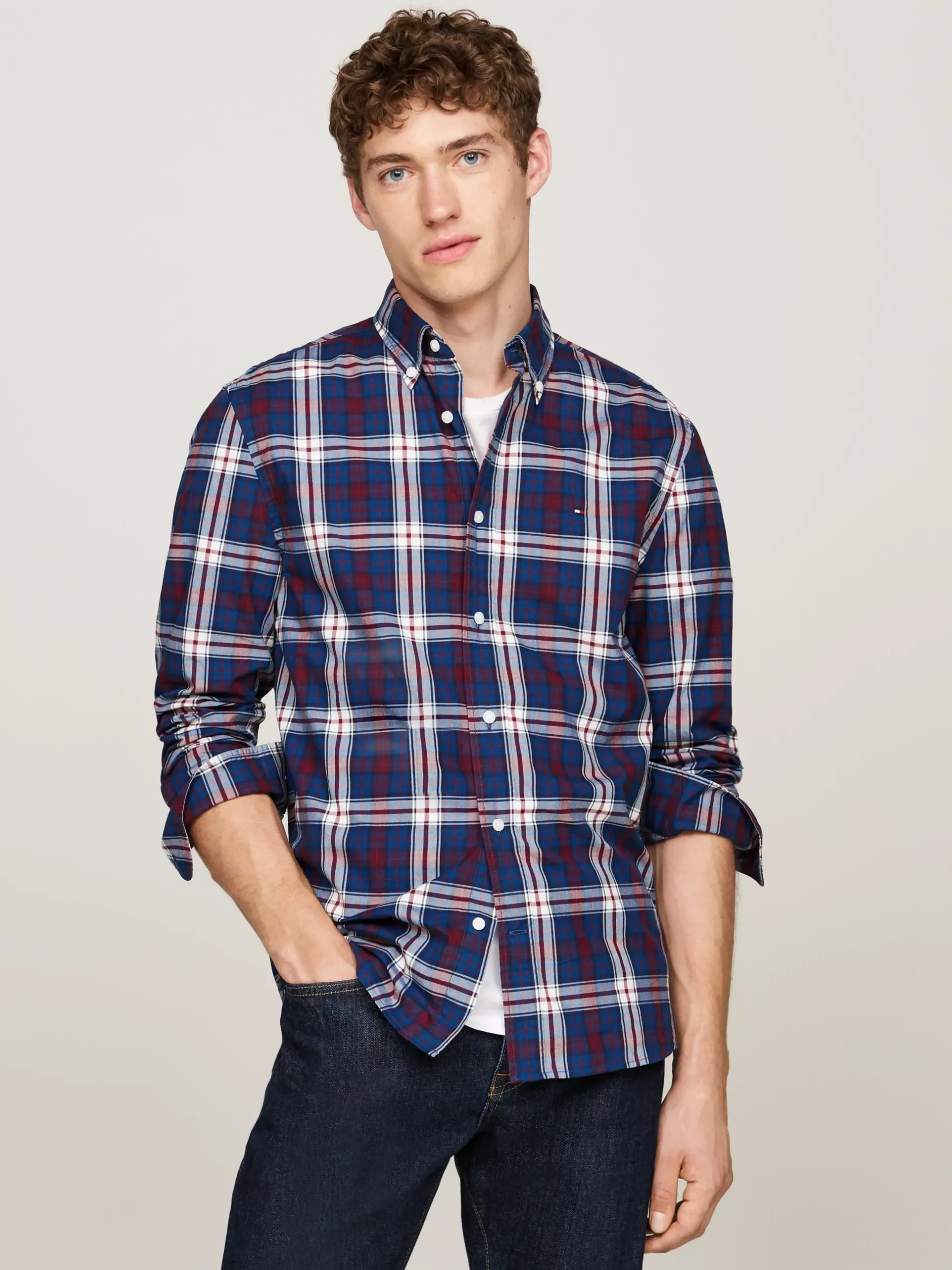 Koszule*Tommy Hilfiger Popelinowa Koszula W Kratę Tommy DEEP INDIGO / ROUGE CHECK