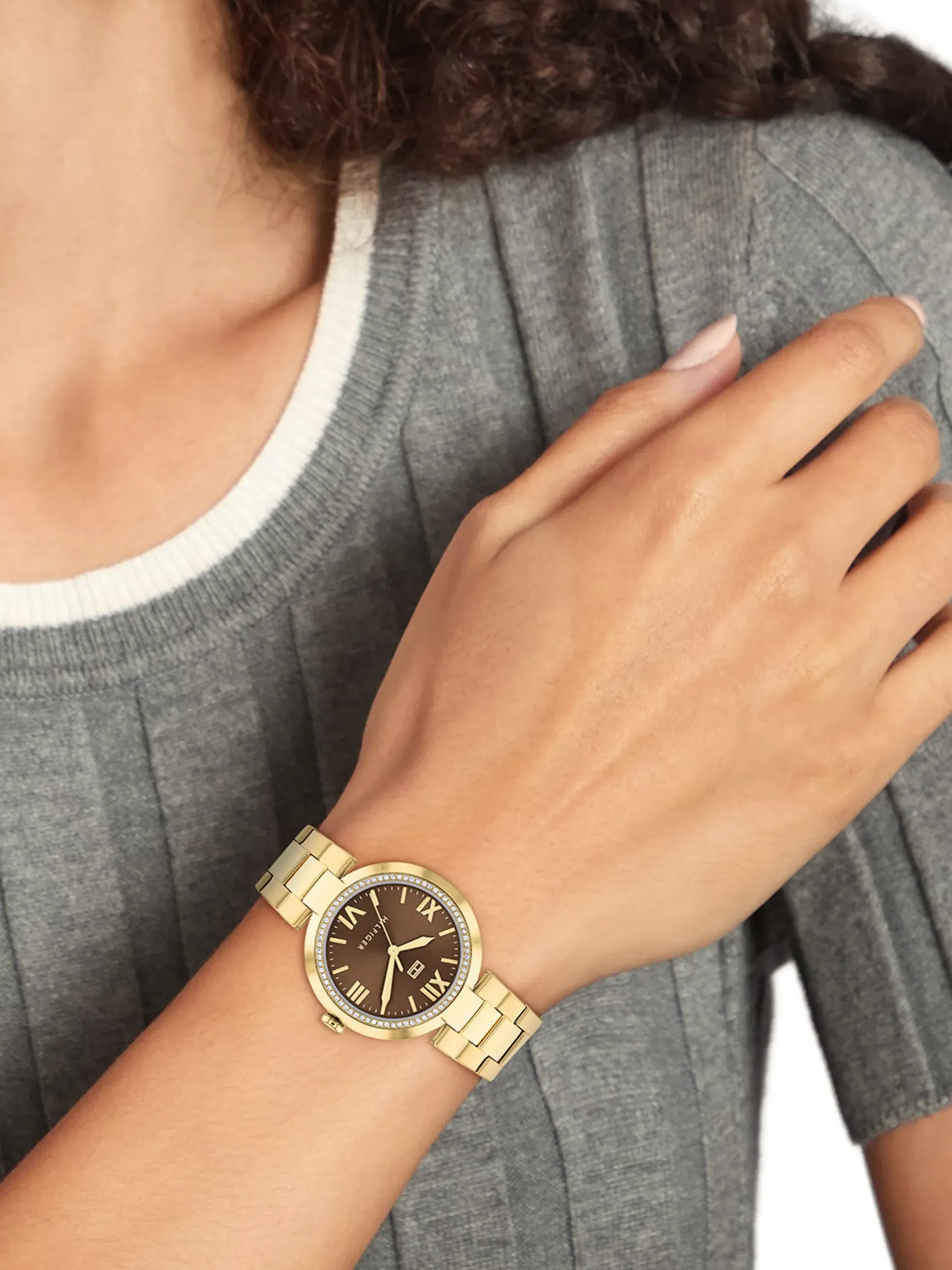 Zegarki*Tommy Hilfiger Pozłacany Zegarek Z Kryształkami Na Lunecie GOLD