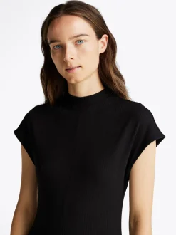 Sukienki*Tommy Hilfiger Prążkowana Sukienka Midi Z Półgolfem BLACK