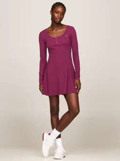 Sukienki*Tommy Hilfiger Prążkowana Sukienka Z Dekoltem Typu Henley VALLEY GRAPE