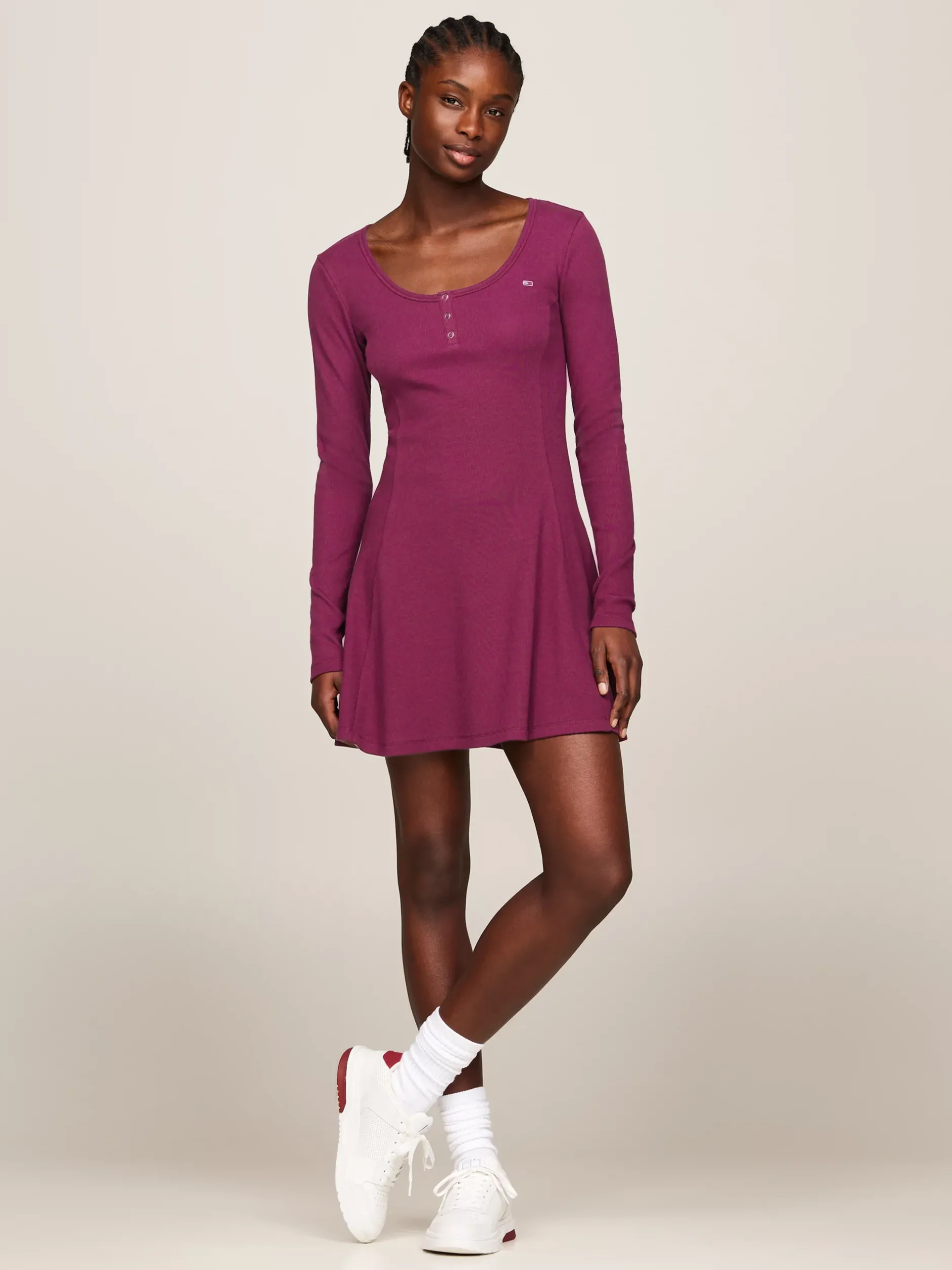 Sukienki*Tommy Hilfiger Prążkowana Sukienka Z Dekoltem Typu Henley VALLEY GRAPE