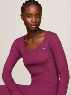 Sukienki*Tommy Hilfiger Prążkowana Sukienka Z Dekoltem Typu Henley VALLEY GRAPE
