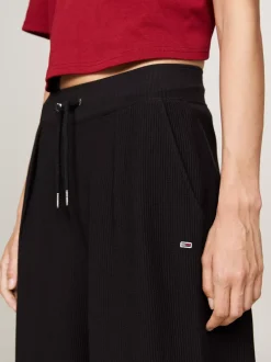 Spodnie*Tommy Hilfiger Prążkowane Joggery Z Szerokimi Nogawkami BLACK