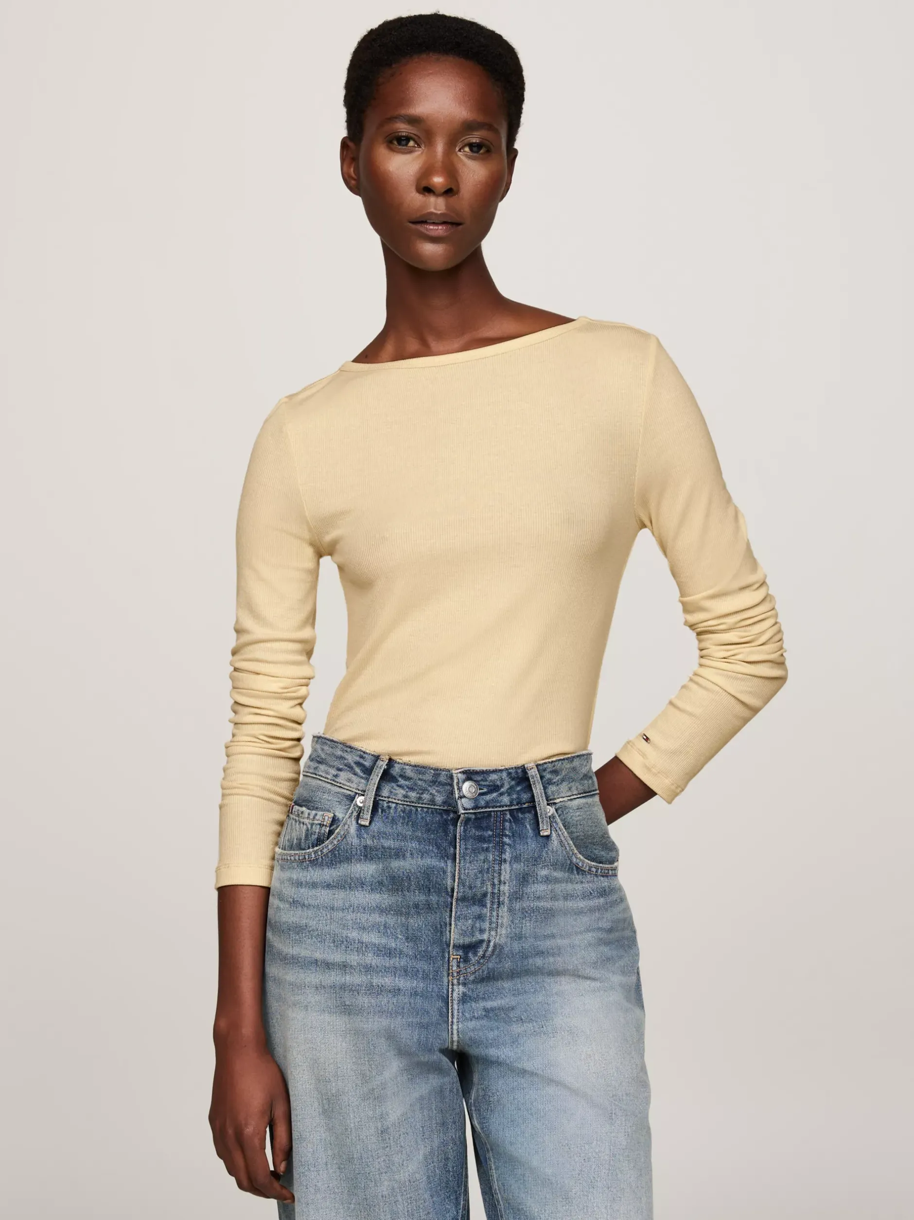 T-Shirty*Tommy Hilfiger Prążkowany Longsleeve O Wąskim Kroju COUNTRY IVORY