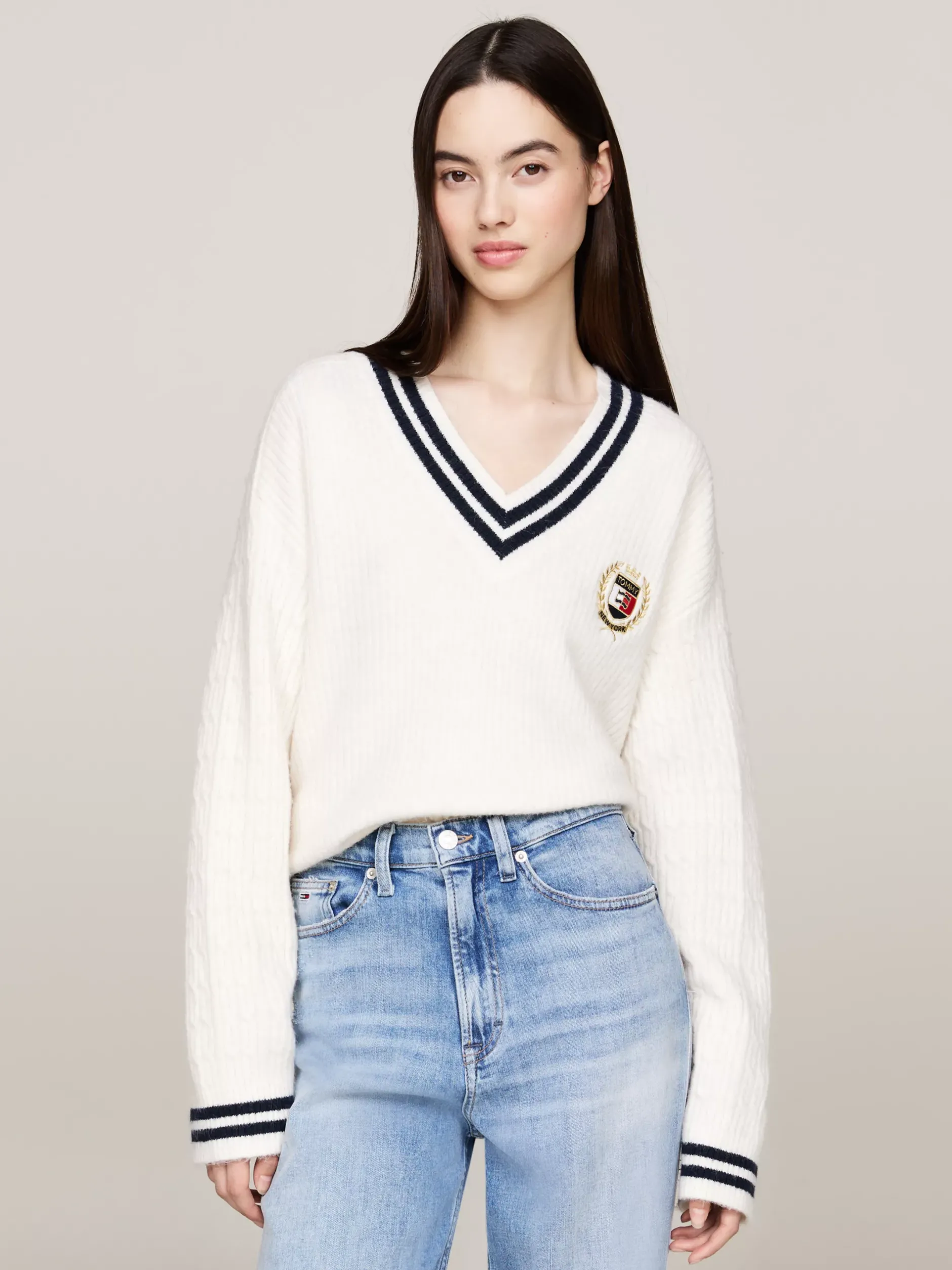 Swetry|Dzianina*Tommy Hilfiger Prążkowany Sweter Tommy Prep ANCIENT WHITE