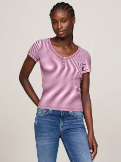 T-Shirty*Tommy Hilfiger Prążkowany T-shirt Z Dekoltem Henley VALLEY GRAPE / MULTI
