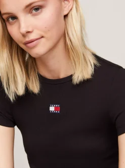 T-Shirty*Tommy Hilfiger Prążkowany T-shirt Z Naszywką Tommy BLACK
