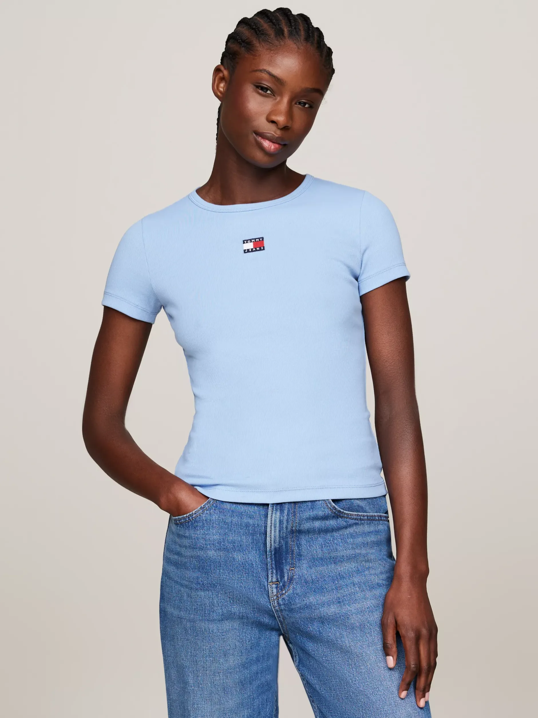 T-Shirty*Tommy Hilfiger Prążkowany T-shirt Z Naszywką Tommy WESTSIDE BLUE
