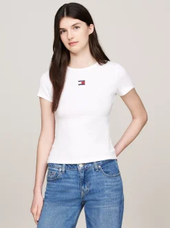 T-Shirty*Tommy Hilfiger Prążkowany T-shirt Z Naszywką Tommy WHITE