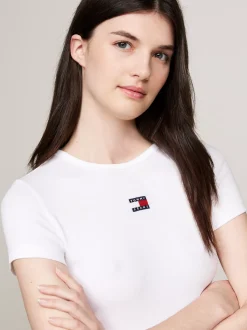 T-Shirty*Tommy Hilfiger Prążkowany T-shirt Z Naszywką Tommy WHITE