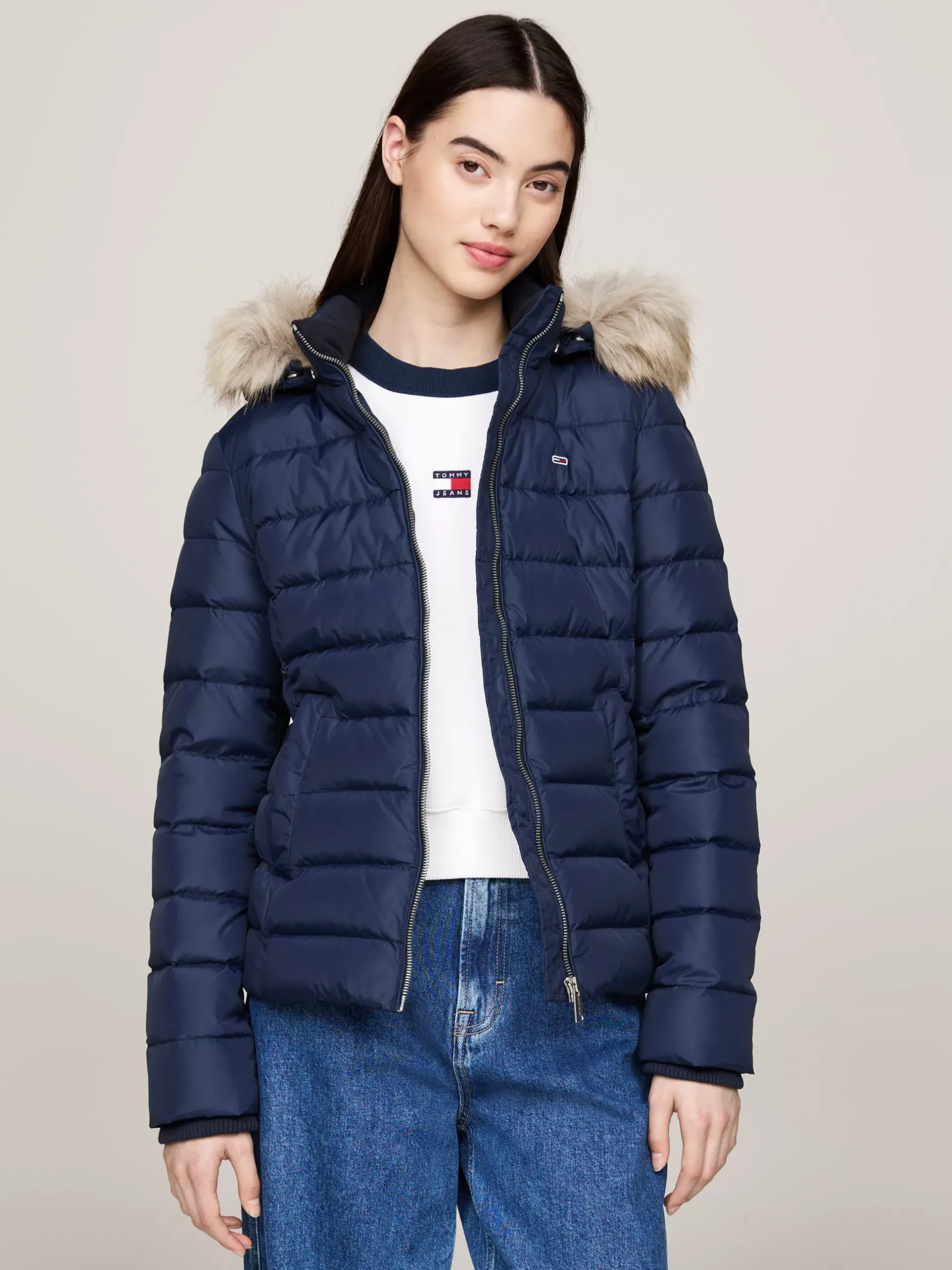 Kurtki & Płaszcze*Tommy Hilfiger Puchowa Kurtka Z Kapturem Ze Sztucznym Futrem DARK NIGHT NAVY