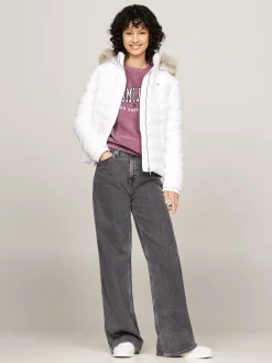 Kurtki & Płaszcze*Tommy Hilfiger Puchowa Kurtka Z Kapturem Ze Sztucznym Futrem WHITE
