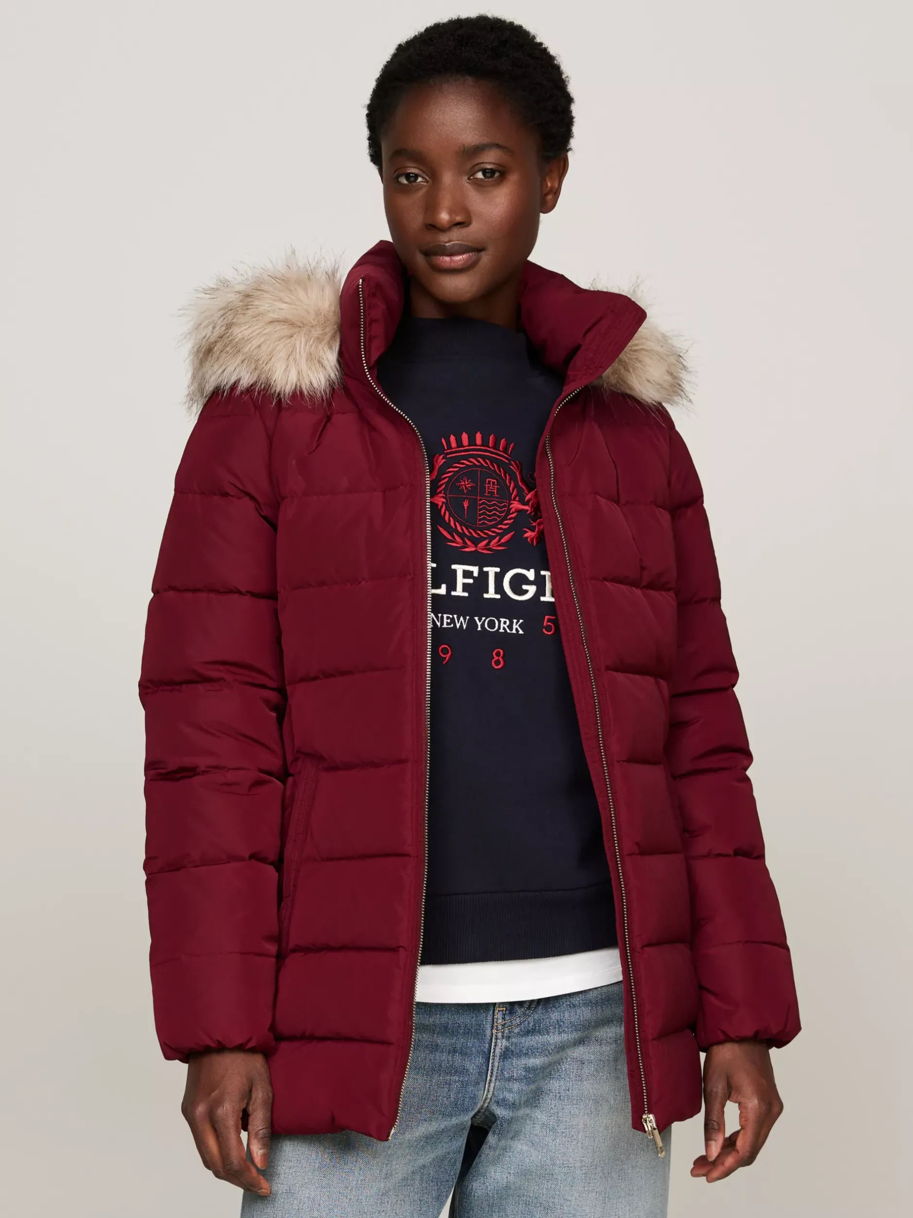 Kurtki & Płaszcze*Tommy Hilfiger Puchowa Kurtka Z Kapturem DEEP ROUGE