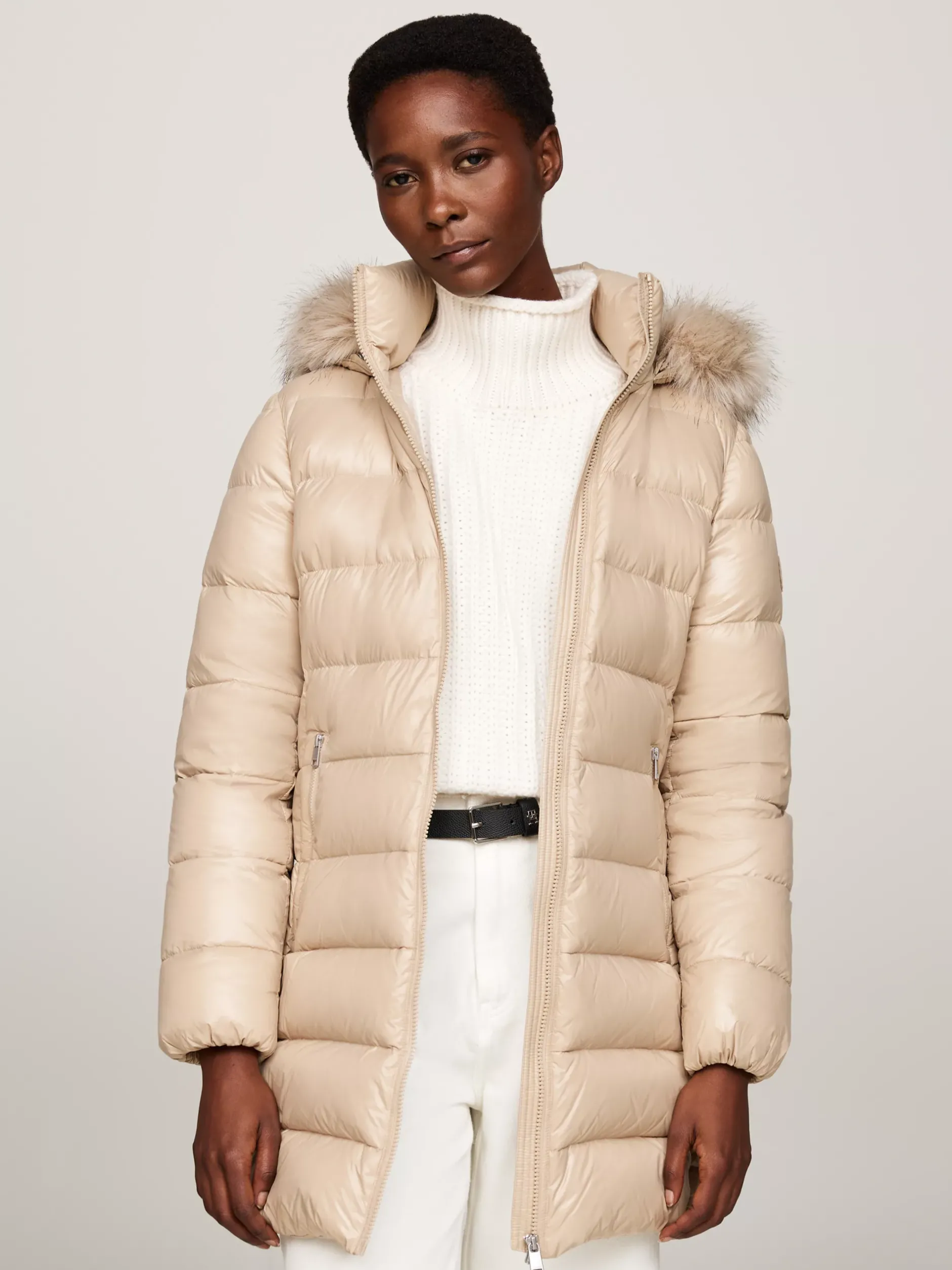 Kurtki & Płaszcze*Tommy Hilfiger Puchowy Płaszcz Z Kapturem BEIGE