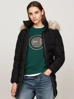 Kurtki & Płaszcze*Tommy Hilfiger Puchowy Płaszcz Z Kapturem Z Futerkiem BLACK